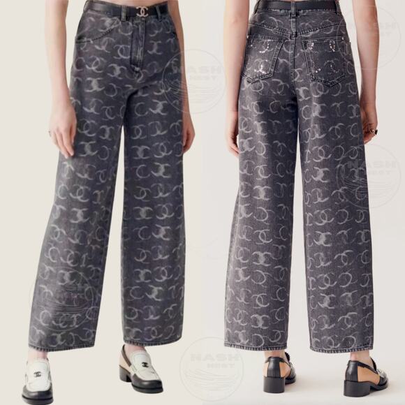 CHANEL 23B 2024 Runway Jeans 34 FR | Black Denim, White CC Logo, Baggy Oversized - Picture 4 of 14